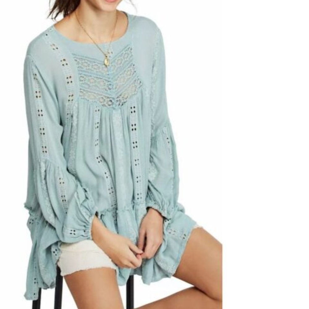 Free People Mint Green Kiss Kiss Lace Crochet Detail Tunic Dress